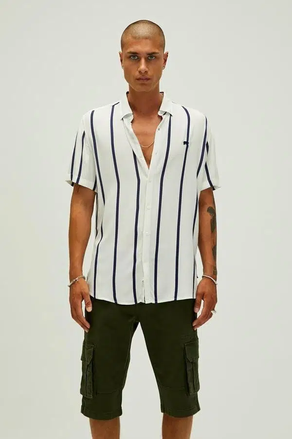 Bad Bear Sergio Shirt 21.01.30.015B Beyaz Kısa Kollu Çizgili Erkek Gömlek