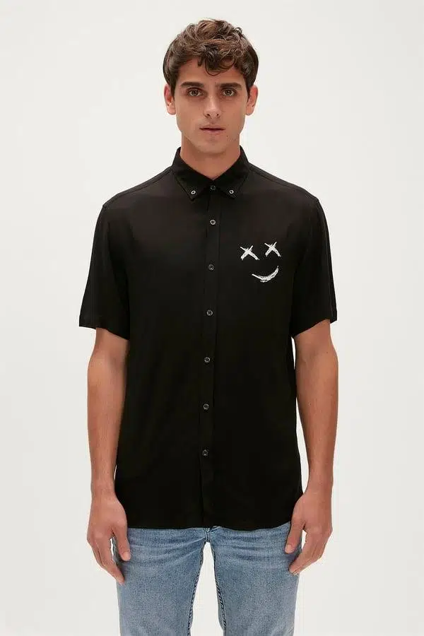 Bad Bear Smile Shirt 23.01.30.004S Siyah Kısa Kollu Baskılı Erkek Gömlek